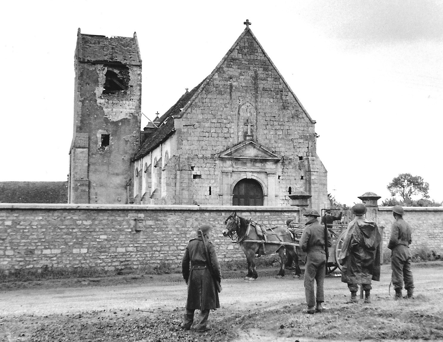 Le Port church showing battle damage, 1944