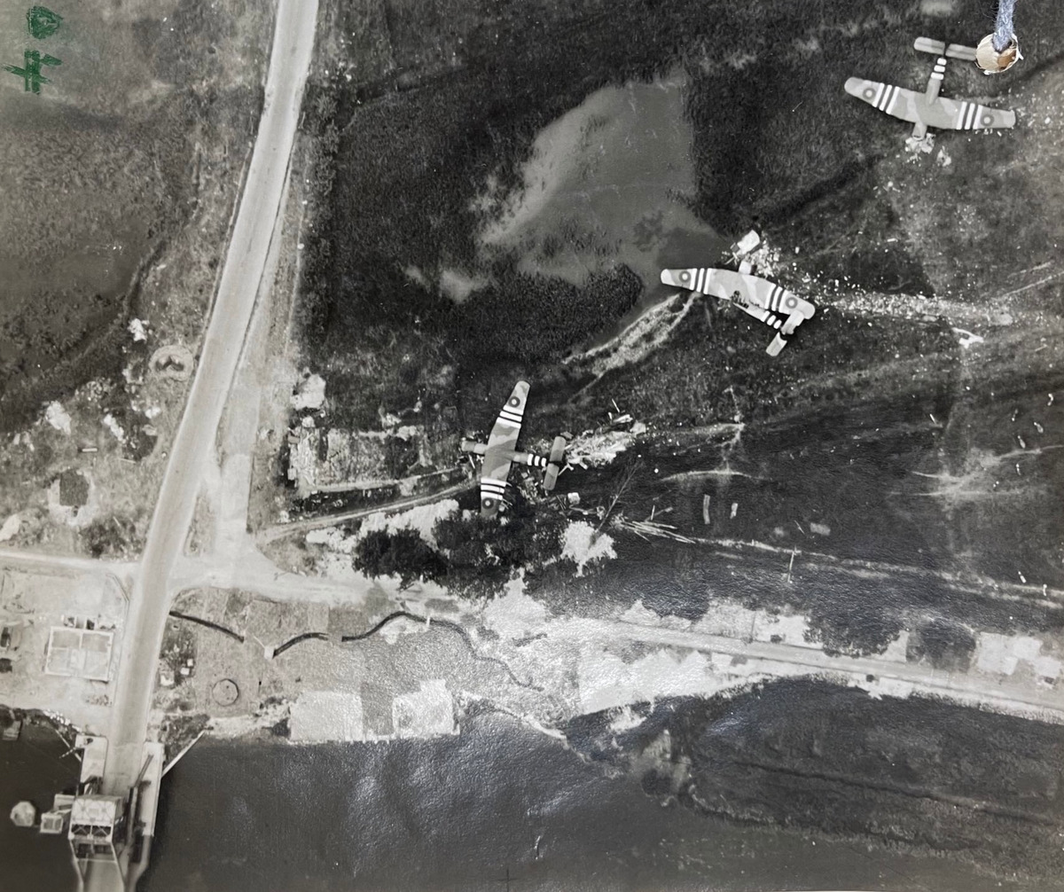 Three Horsa gliders after landing beside Pegasus Bridge on D-Day morning